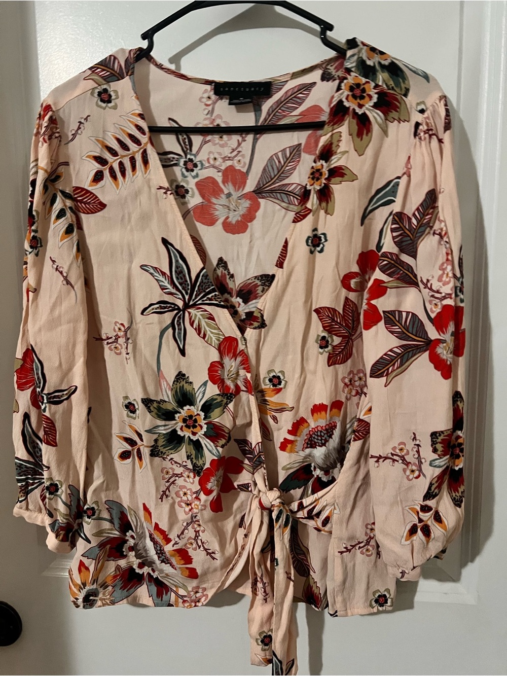 Sanctuary Cream Floral Tie-Front V-Neck Light Pink Fall Blouse